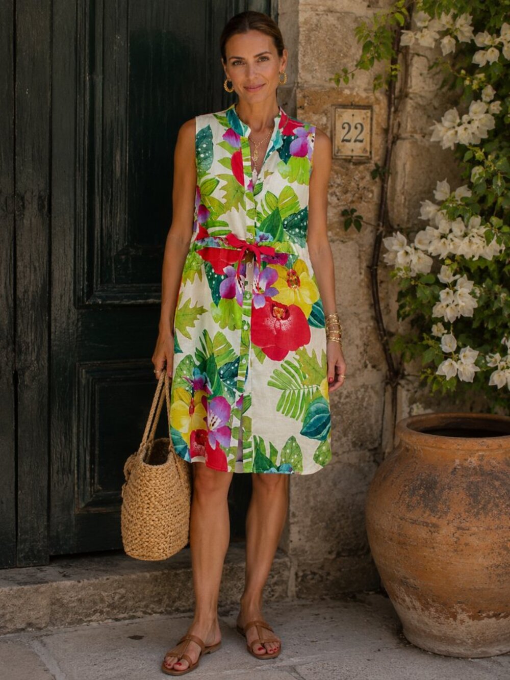 ALLEGRA MASETTI Linen Tropical Floral Dress Euro Summer Resort Vacation Chic L